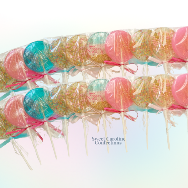 Aqua Hot Pink and Gold Sparkle Lollipops, Set of 25 - Sweet Caroline Confections | The Original Sparkle Lollipops