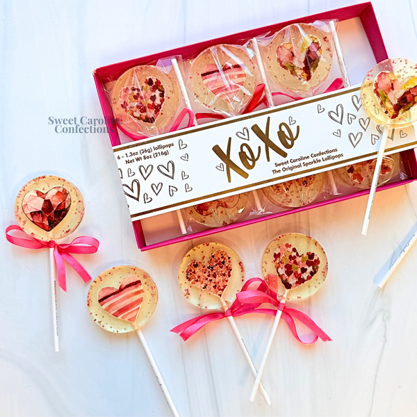 NEW! Painted Hearts Lollipop Gift Box, Cherry Vanilla, 6/Box - Sweet Caroline Confections | The Original Sparkle Lollipops