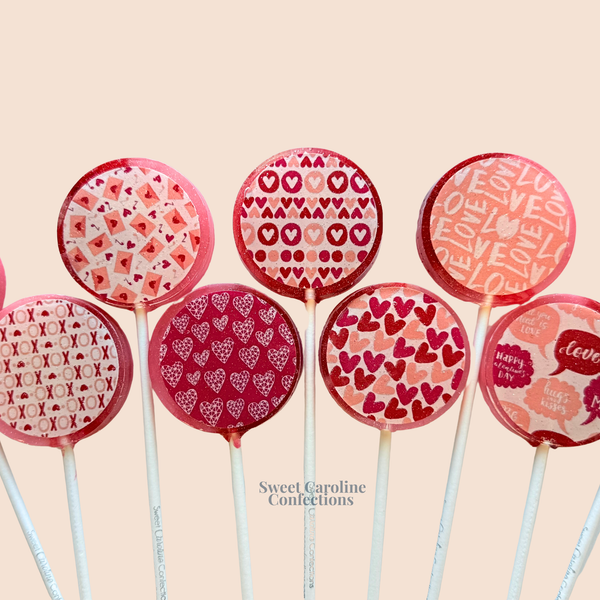 Valentine's Day Print Lollipops, Raspberry Flavor, Set of 6 - Sweet Caroline Confections | The Original Sparkle Lollipops