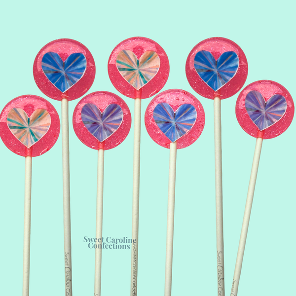 NEW! Small Pink Geometric Heart Lollipops with Custom Tags, Berry Flavor, Set of 6