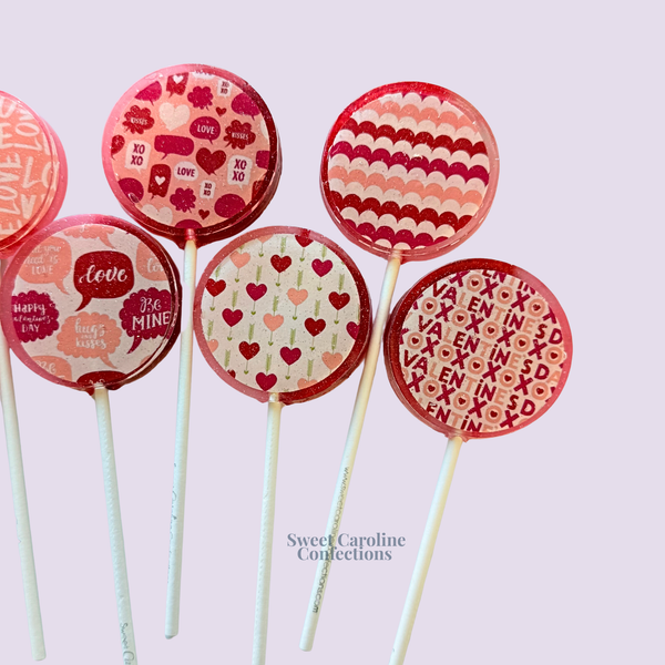 Valentine's Day Print Lollipops, Raspberry Flavor, Set of 6 - Sweet Caroline Confections | The Original Sparkle Lollipops