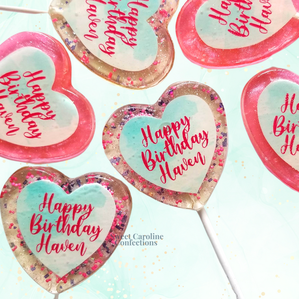 Custom Hot Pink and Mint Happy Birthday Lollipops, Set of 4 - Sweet Caroline Confections | The Original Sparkle Lollipops