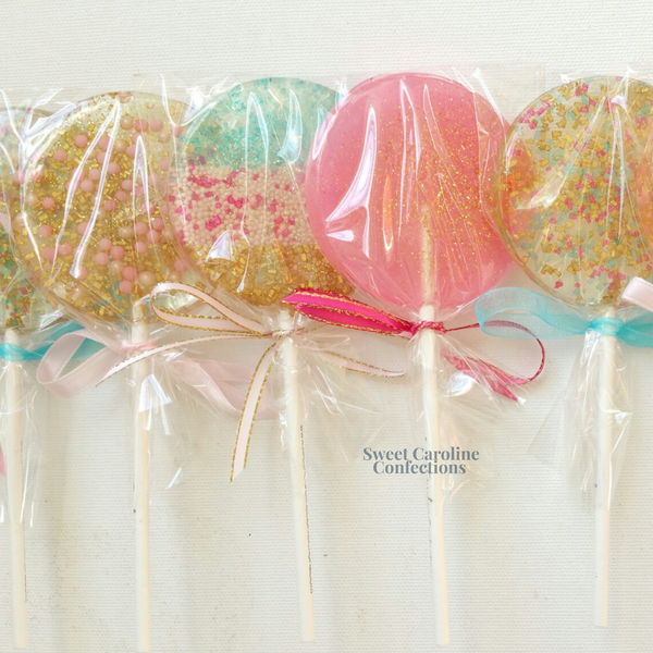 Aqua Hot Pink and Gold Sparkle Lollipops, Set of 25 - Sweet Caroline Confections | The Original Sparkle Lollipops