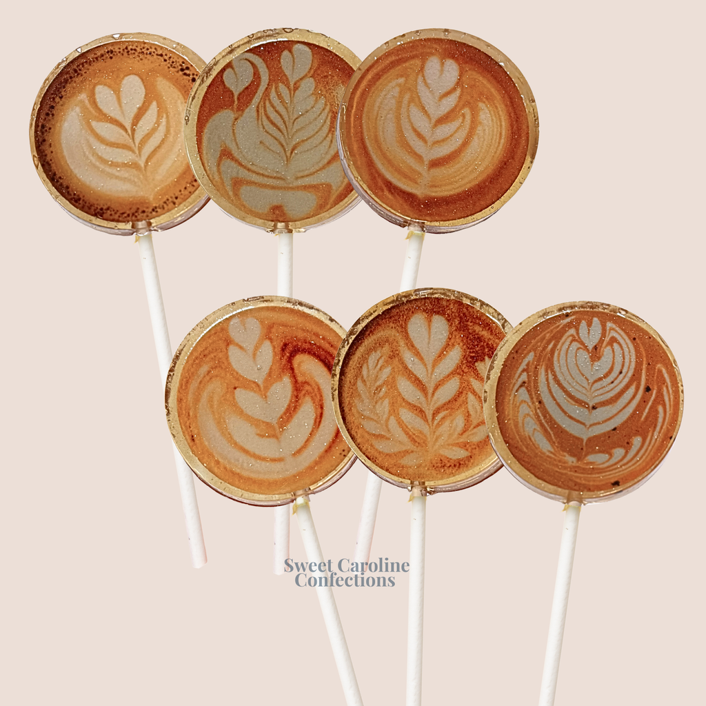 Caramel Latte Art Lollipops arranged as a handcrafted coffee-inspired candy gift from Sweet Caroline Confections