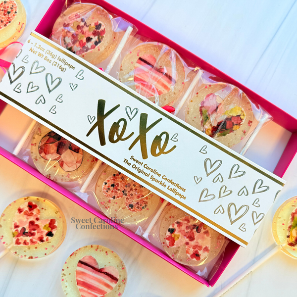 NEW! Painted Hearts Lollipop Gift Box, Cherry Vanilla, 6/Box - Sweet Caroline Confections | The Original Sparkle Lollipops