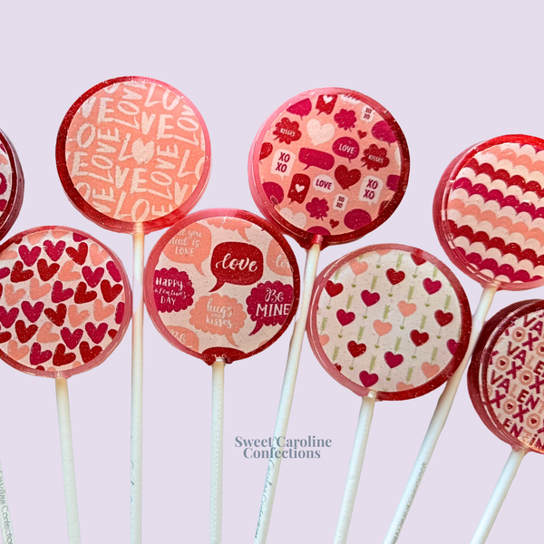 Valentine's Day Print Lollipops, Raspberry Flavor, Set of 6 - Sweet Caroline Confections | The Original Sparkle Lollipops
