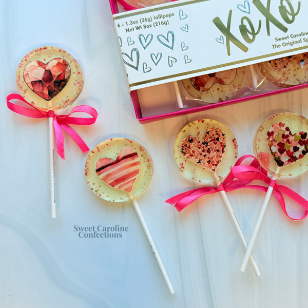 NEW! Painted Hearts Lollipop Gift Box, Cherry Vanilla, 6/Box - Sweet Caroline Confections | The Original Sparkle Lollipops