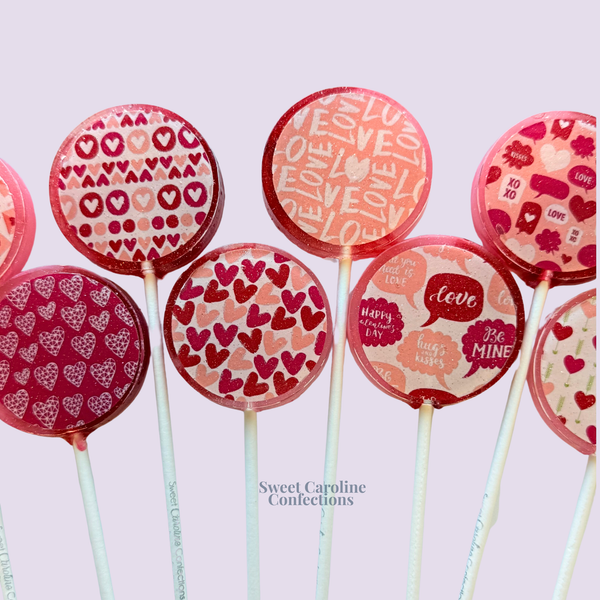 Valentine's Day Print Lollipops, Raspberry Flavor, Set of 6 - Sweet Caroline Confections | The Original Sparkle Lollipops