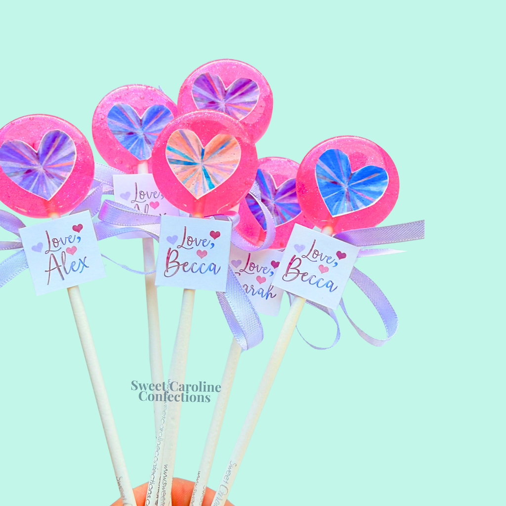 NEW! Small Pink Geometric Heart Lollipops with Custom Tags, Berry Flavor, Set of 6