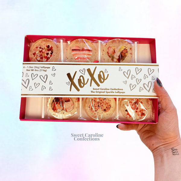 NEW! Painted Hearts Lollipop Gift Box, Cherry Vanilla, 6/Box - Sweet Caroline Confections | The Original Sparkle Lollipops