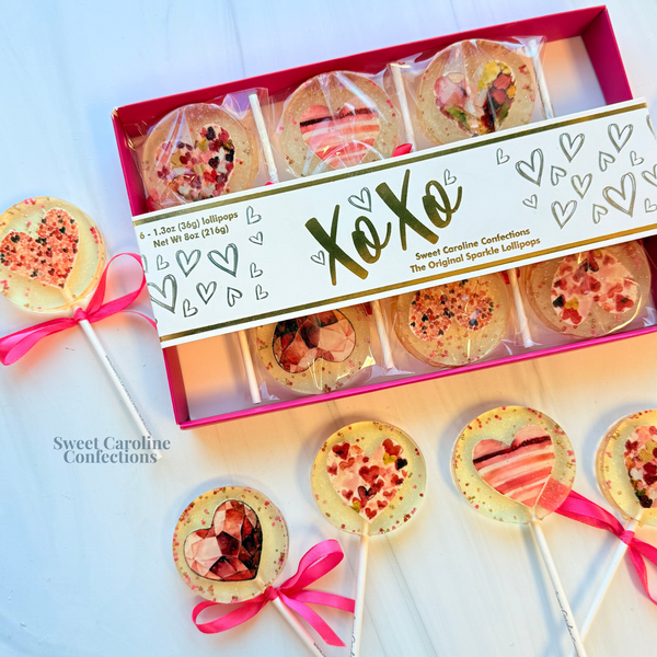 NEW! Painted Hearts Lollipop Gift Box, Cherry Vanilla, 6/Box - Sweet Caroline Confections | The Original Sparkle Lollipops