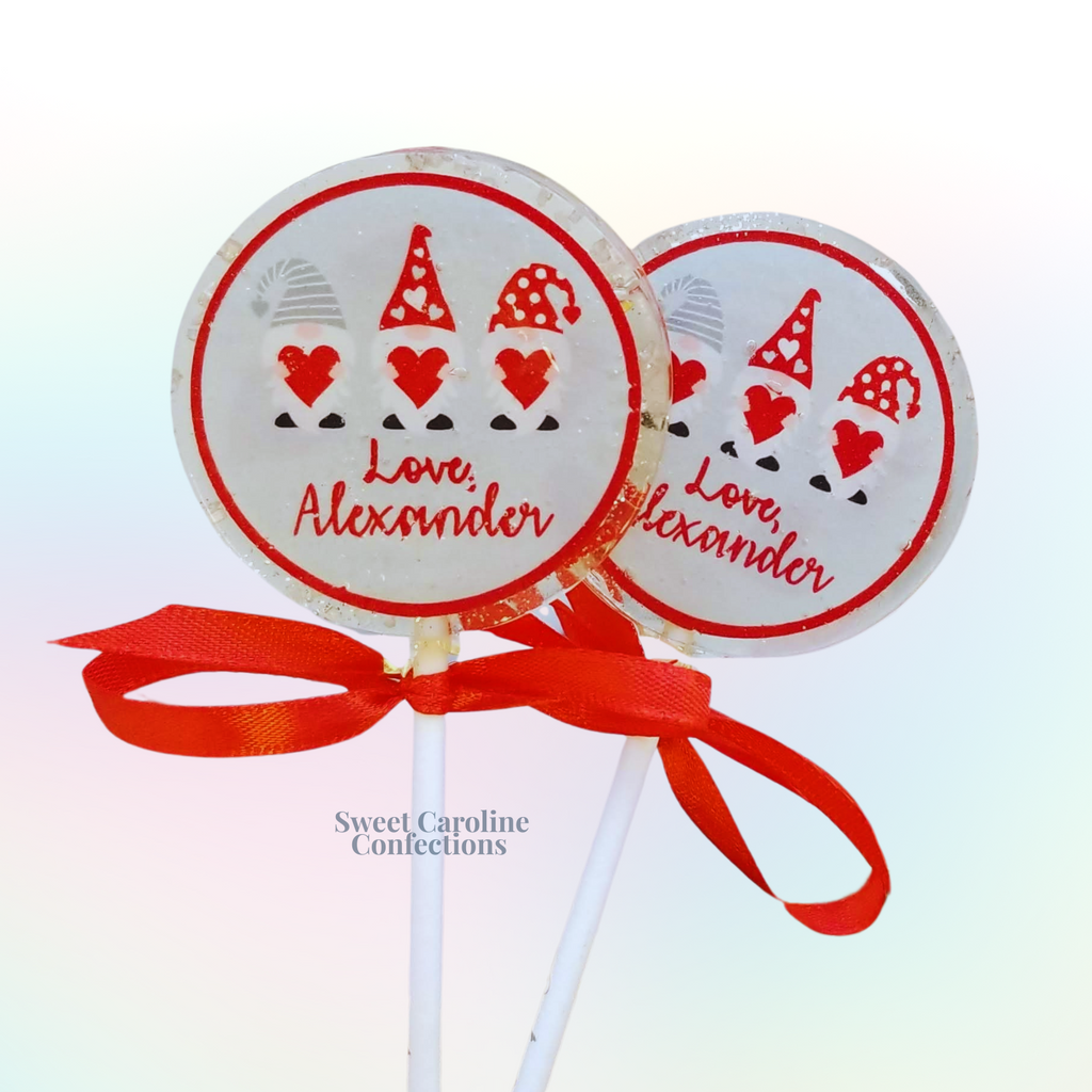 Custom Gnome Valentine's Day Lollipops, Set of 4 - Sweet Caroline Confections | The Original Sparkle Lollipops