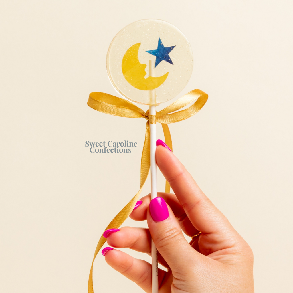 00473 BLUE STAR AND GOLD MONN - Sweet Caroline Confections | The Original Sparkle Lollipops