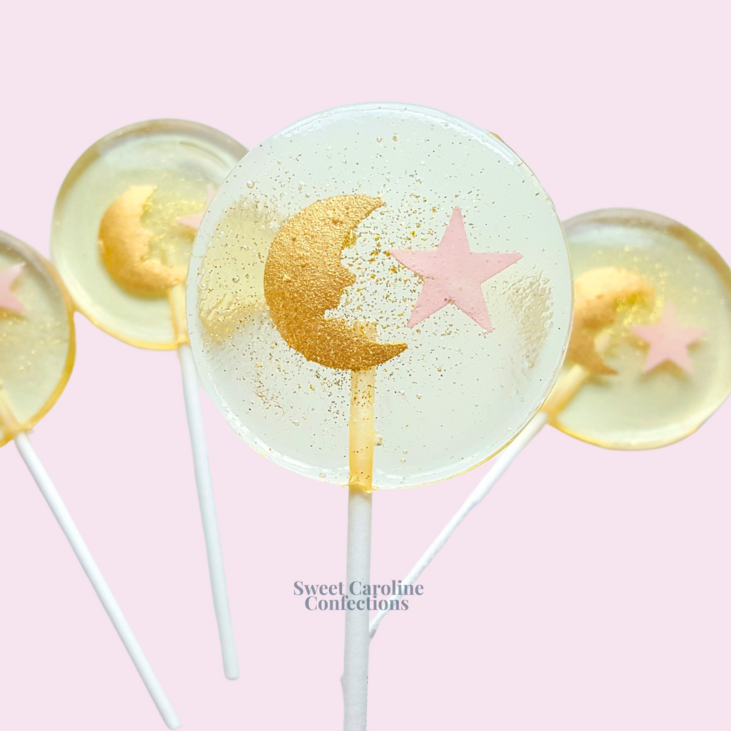 00469 LIGHT PINK STAR WITH GOLD MOON - Sweet Caroline Confections | The Original Sparkle Lollipops