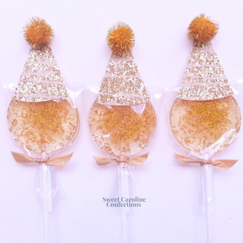 00358 gold with birthday hat - Sweet Caroline Confections | The Original Sparkle Lollipops