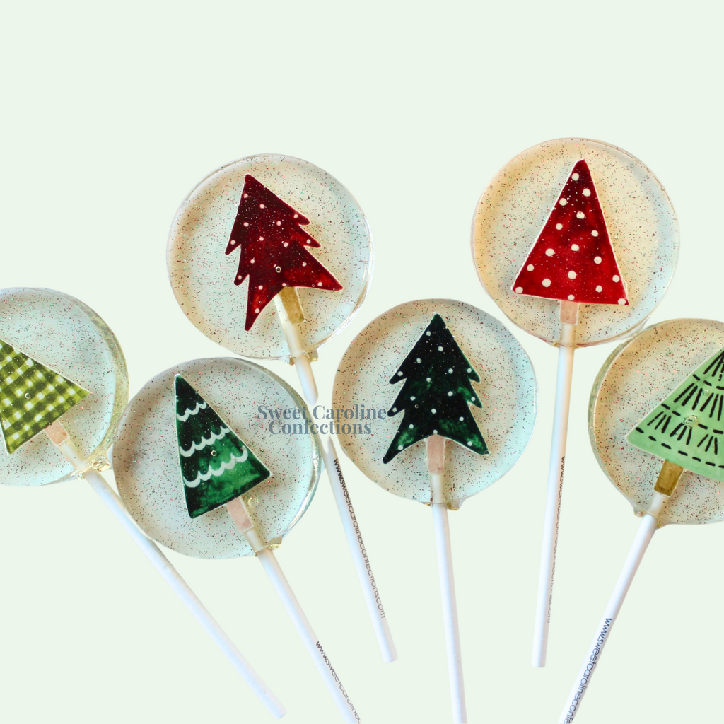 Red and Green Christmas Tree Lollipops, Set of 4 - Sweet Caroline Confections | The Original Sparkle Lollipops