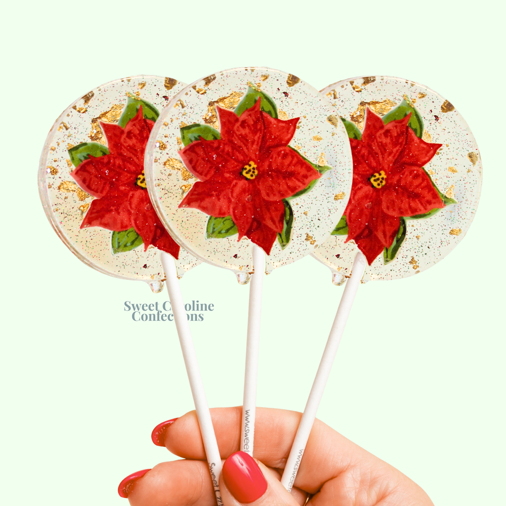 Red Poinsettia Lollipops, Black Cherry Flavor, Set of 6
