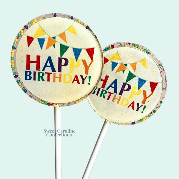 Festive lollipops featuring a colorful "Happy Birthday" banner design and a blend of bright sparkles.