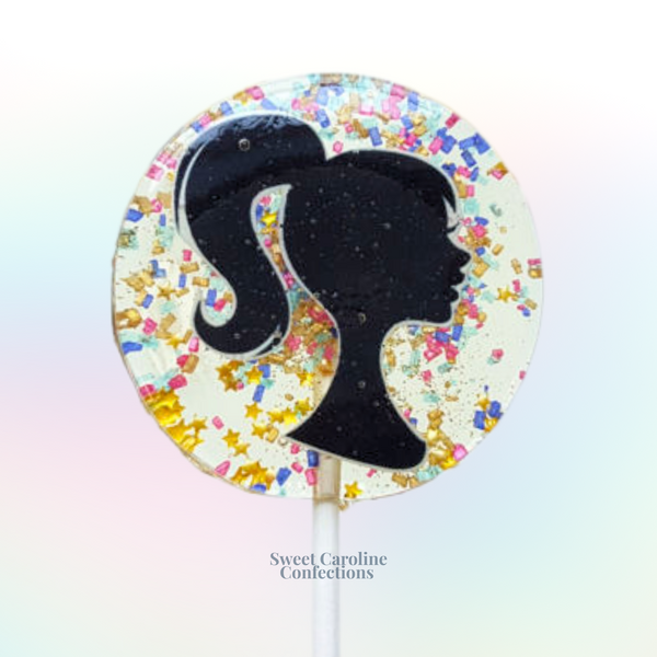  Iconic pink Barbie silhouette lollipops with holographic sparkles, a must-have for Barbie-themed birthday parties.