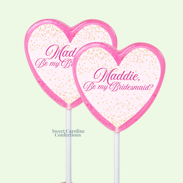 Custom Be My Bridesmaid proposal lollipops with elegant gold sparkles.