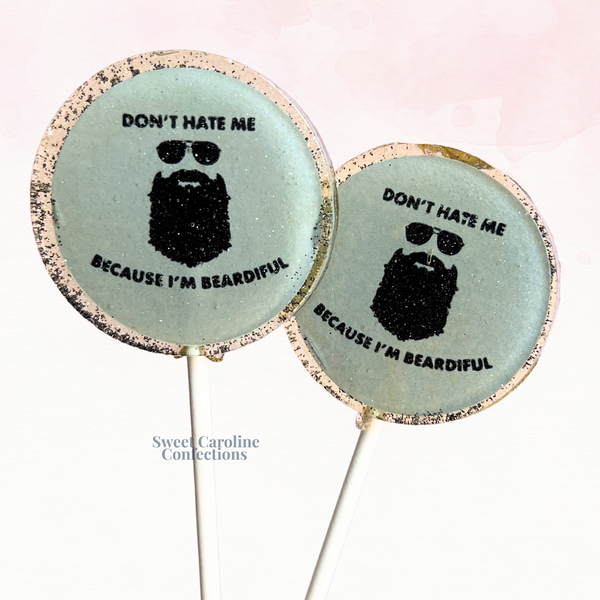 Close-up of the "Beardiful" text and black edible glitter.