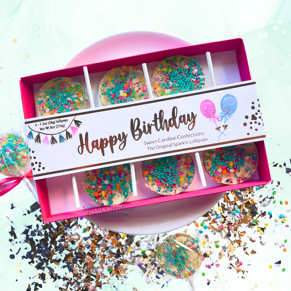 A curated gift set of 6 artisan sparkle lollipops. The perfect sweet surprise for an adult birthday. Handcrafted & Vegan.