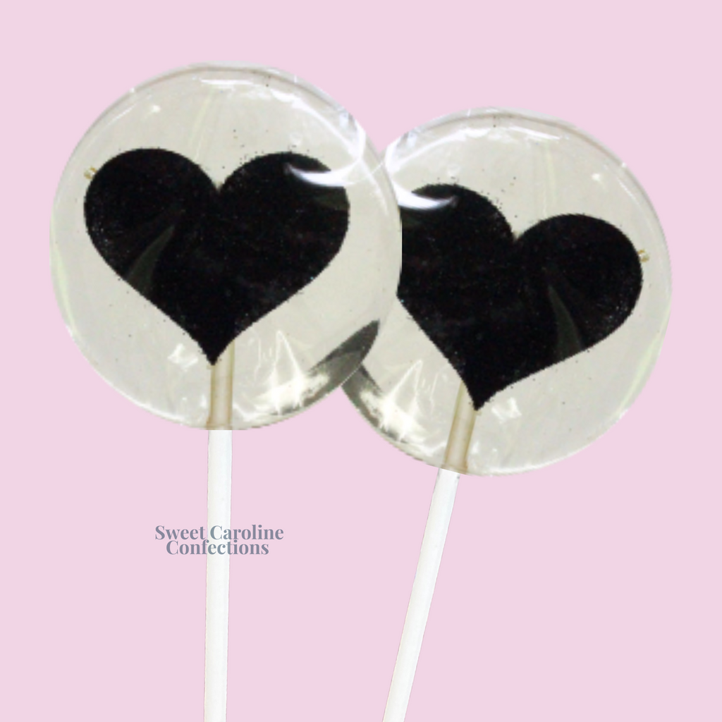 Black heart shaped sparkle lollipops for chic events