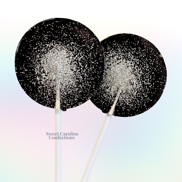 Black and silver sparkle lollipops for New Year's Eve