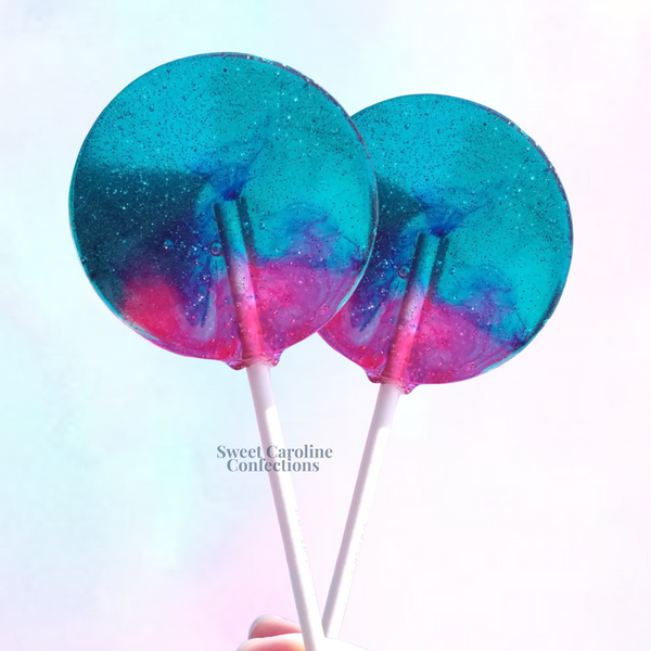 Blue teal and pink watercolor lollipops for Miami themed party