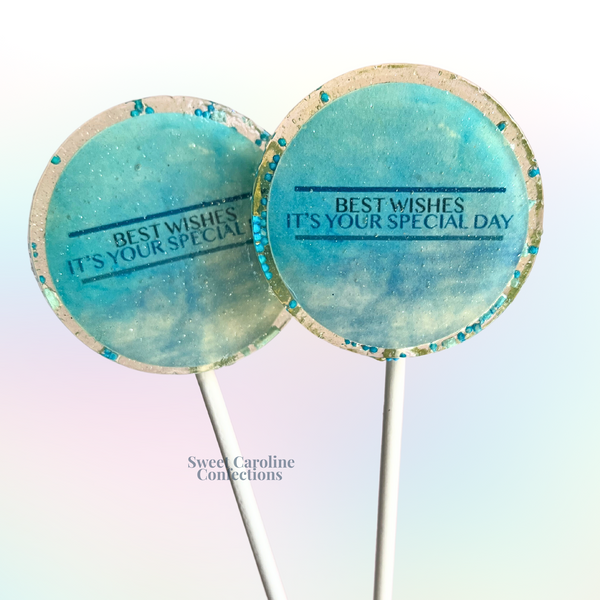 Tones of blue sparkle lollipops with "Best Wishes on your Special Day" text, a thoughtful birthday party favor.