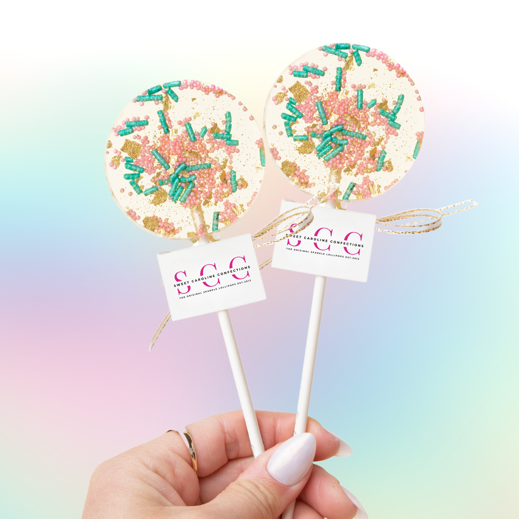 Branded cardstock tag lollipops featuring custom company logos