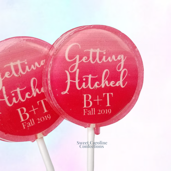 Getting Hitched custom lollipops with fun edible images and pink candy. 