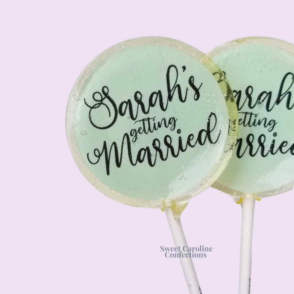 I'm Getting Married custom lollipops with edible image and gold glitter.
