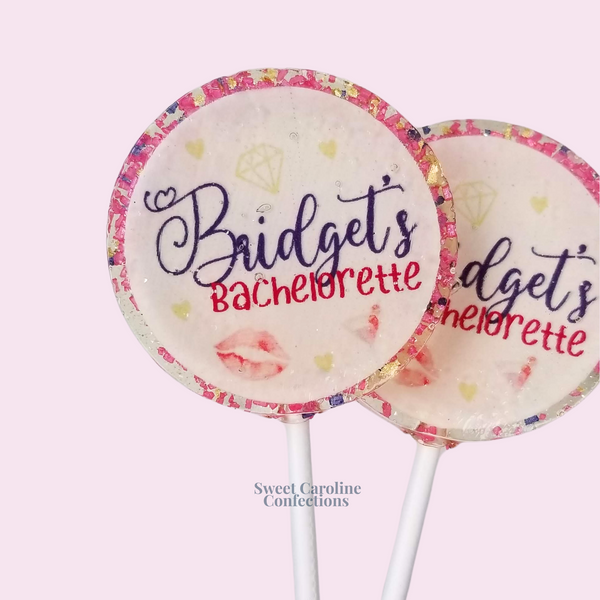 Custom pink and purple bachelorette lollipops with personalized edible images.
