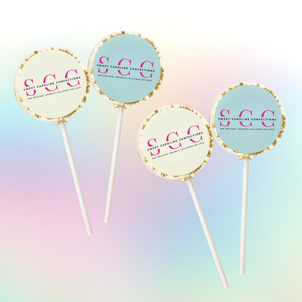 Custom edible logo lollipops with sparkle finish for corporate events