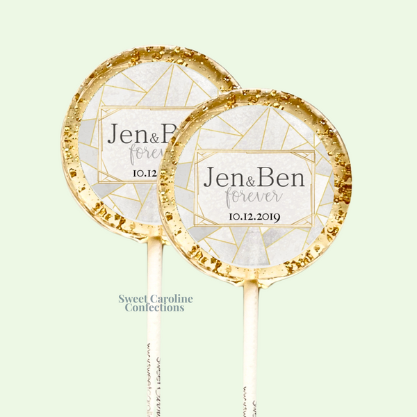 Modern geometric shaped wedding lollipops with custom colors and sparkle.