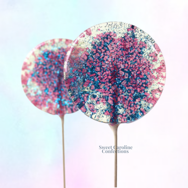 Hot pink and navy blue sparkle lollipops for party favors