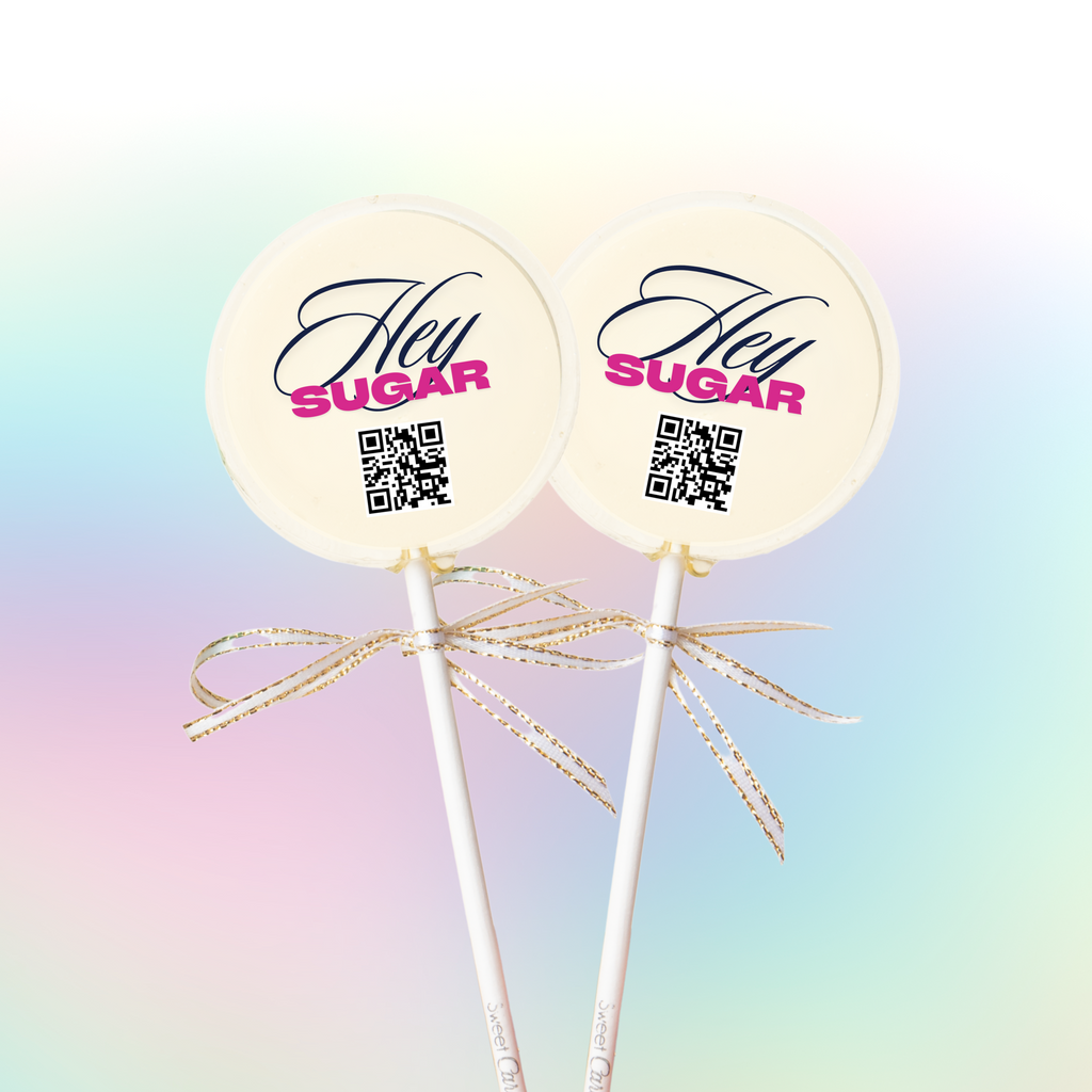 Double-sided QR code lollipops for interactive corporate marketing treats