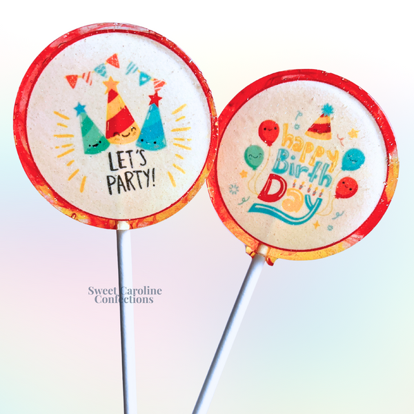 Festive gold sparkle lollipops with "Let's Party" text. Glamorous, vegan, and gluten-free favors for any adult event.