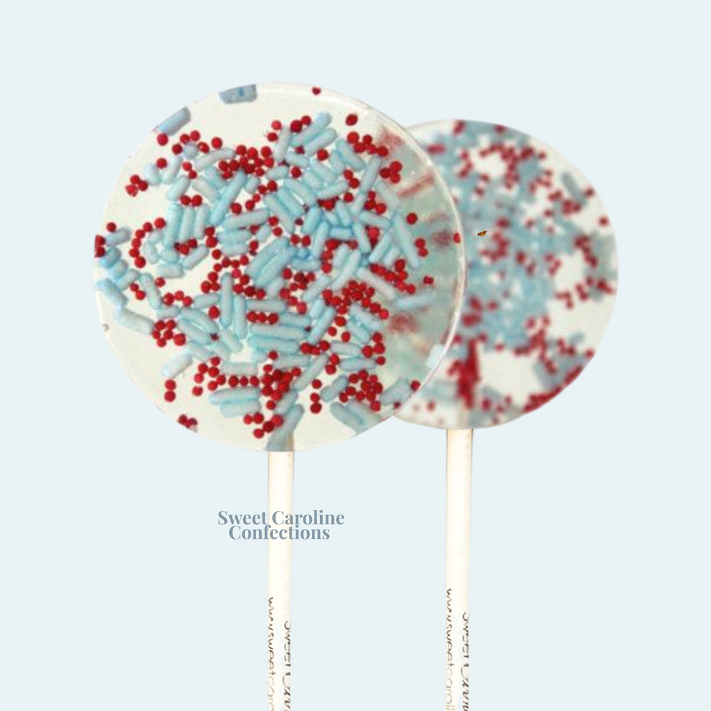 Light blue and red sparkle lollipops for superhero party