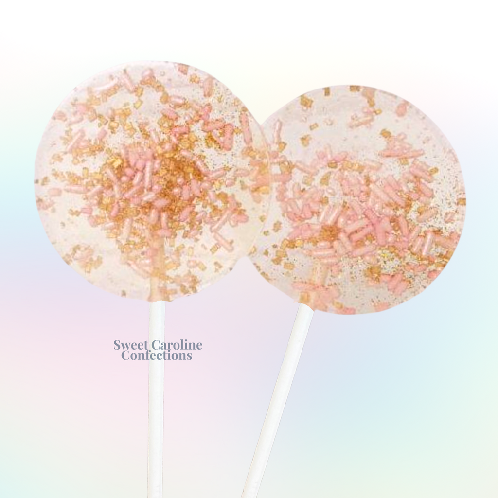 Light pink and gold sparkle lollipops with edible sprinkles