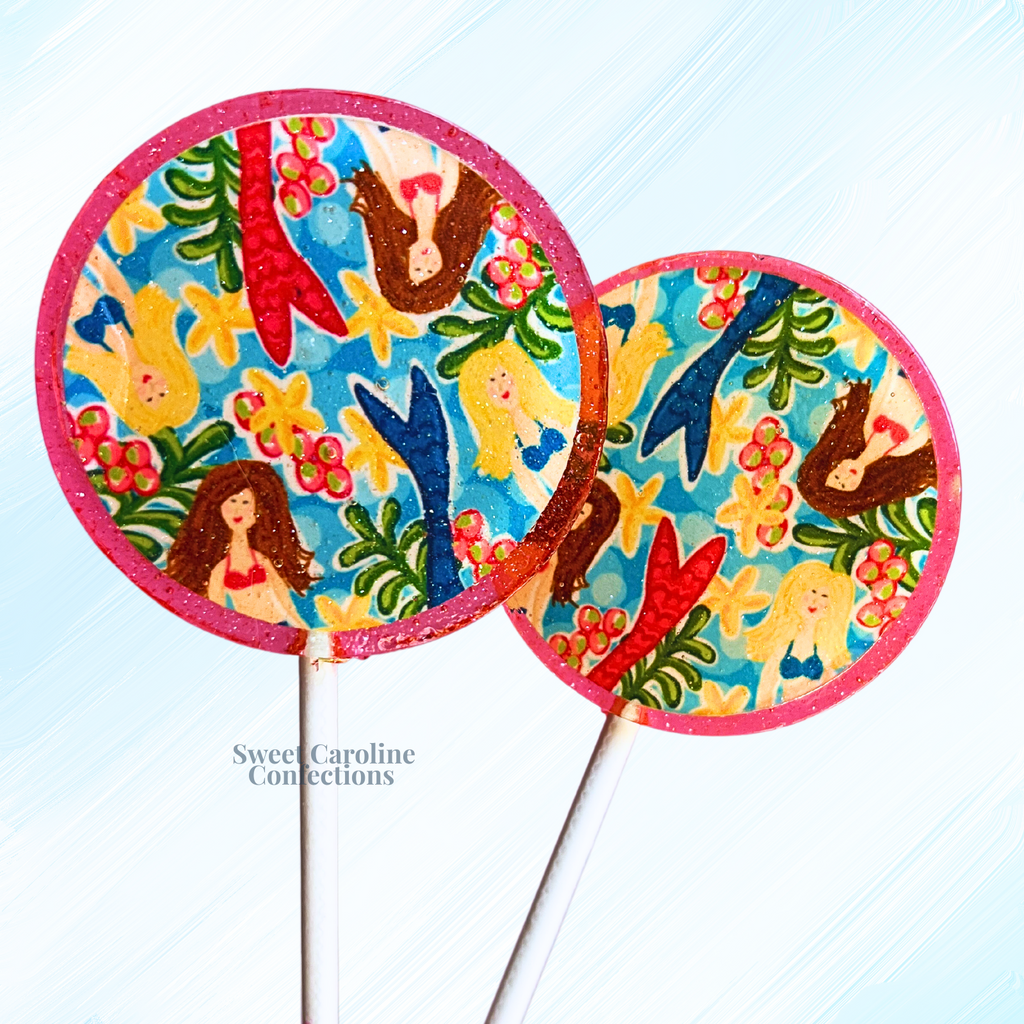 Mermaid collage sparkle lollipop with multiple magical designs and iridescent glitter.