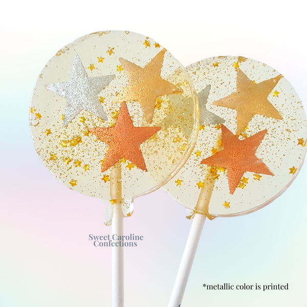 Metallic star shaped lollipops in champagne flavor with sparkles.