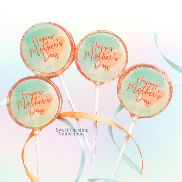Mint and peach themed lollipops with 'Happy Mother's Day' message and gold glitter.
