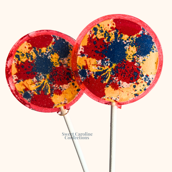 Patriotic-themed navy, red, and blue lollipops with a "Splash" design and matching glitter, perfect for pool parties or summer birthdays.