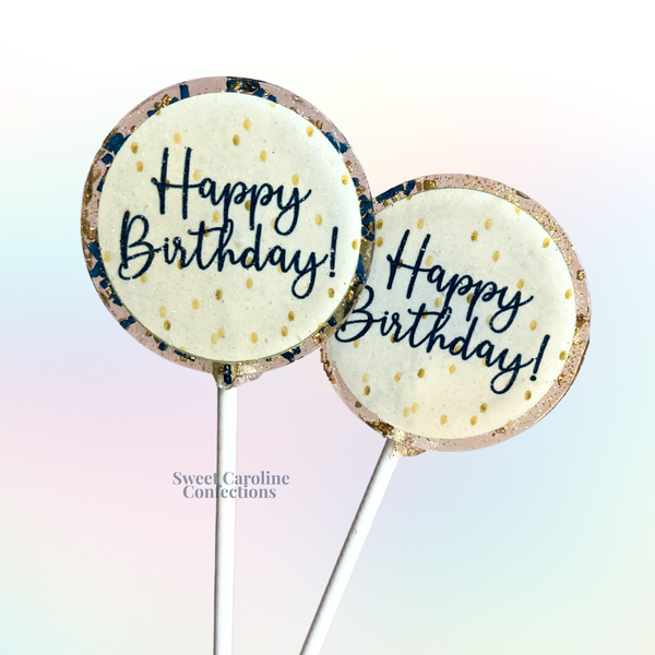 Sophisticated navy blue and gold sparkle lollipops with "Happy Birthday" messaging for an adult birthday party.