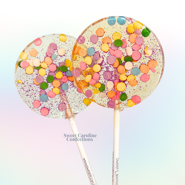 Pastel colored celebration sparkle lollipops with mixed glitter.