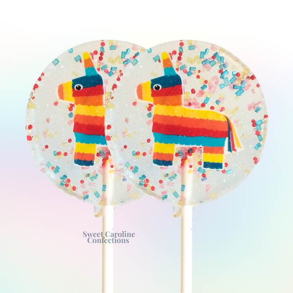 Vibrant and colorful piñata-themed lollipops filled with festive sparkles, perfect for a fiesta-themed kids' birthday party.