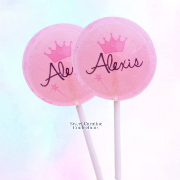 Vibrant purple and pink sparkle lollipops featuring a gold crown and customizable text, perfect for a royal-themed birthday bash.