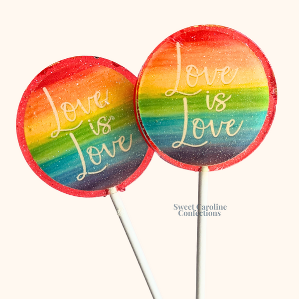 Rainbow Love is Love Lollipops with signature gold sparkle.